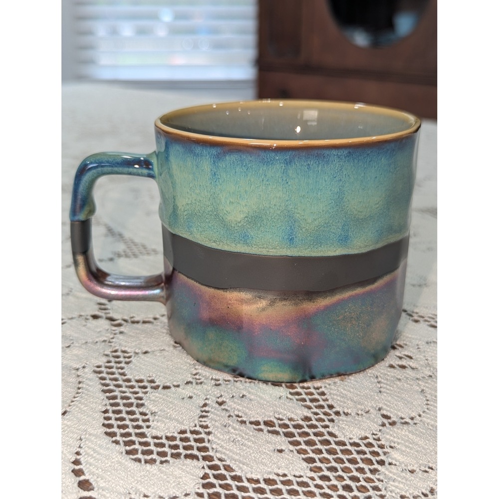 Vintage Coffee Mug Teal Blue Iridescent Studio Pottery Square Handle - Picture 3 of 14